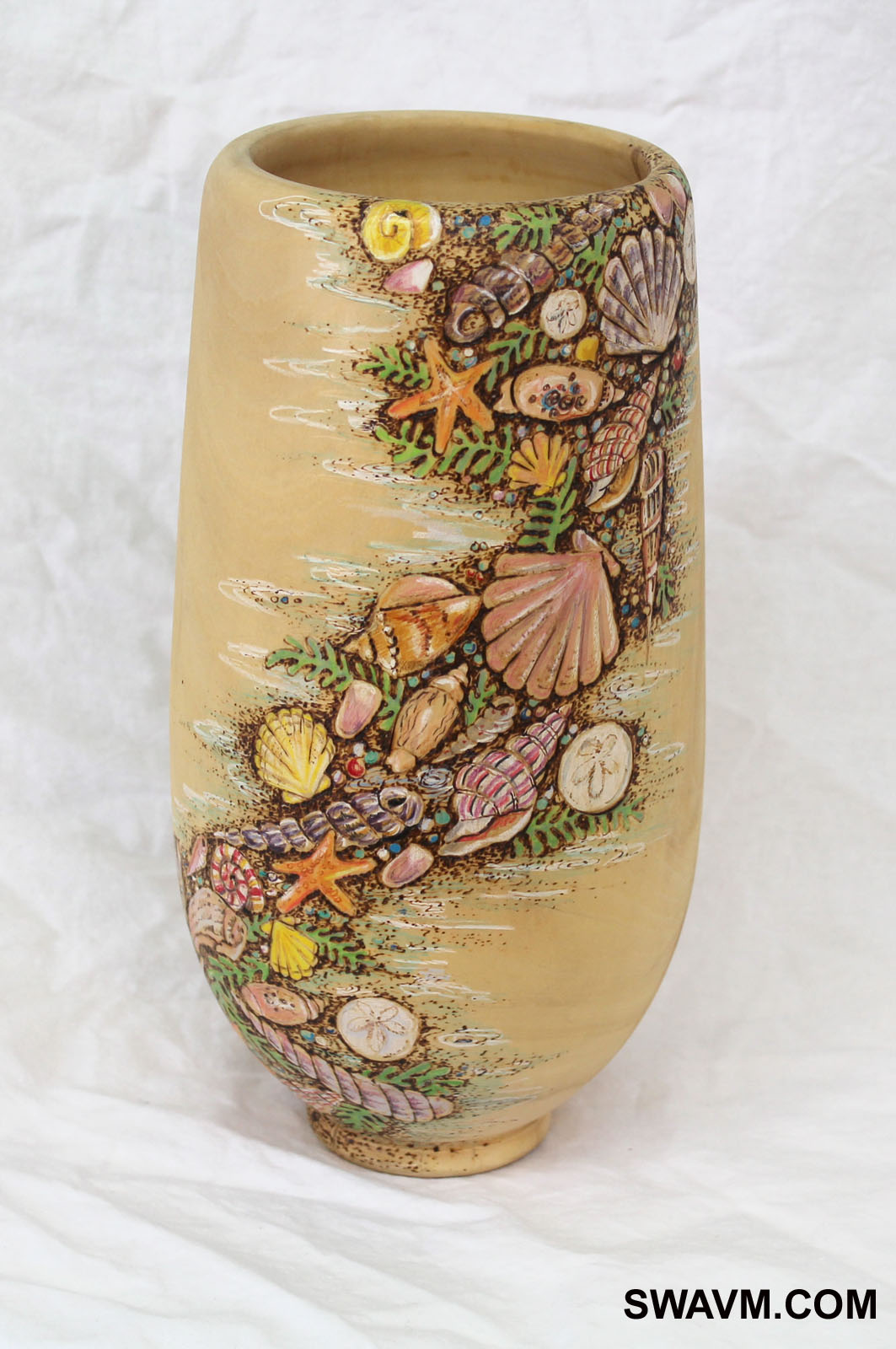 Vase with Woodburned and Colored Pencil Seashell design