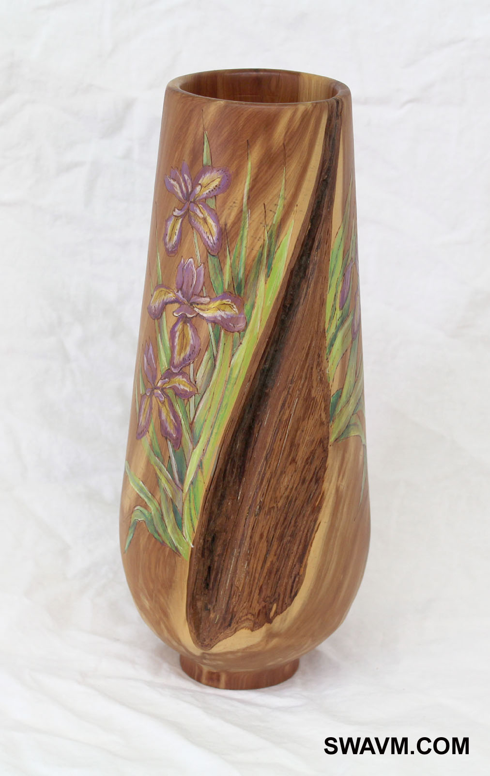 Iris design using woodburning and colored pencils on hand-turned cedar vase